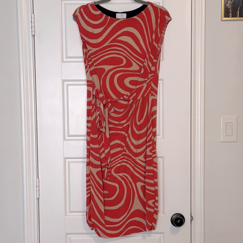 Donna Morgan Coral and Tan Sheath Dress with Cap Dolman Sleeves